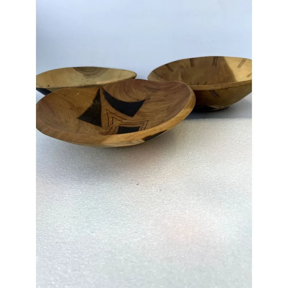 Wood Bowls Hand Carved/Painted/Incised 3 Bowls Each Different Rustic Boho